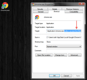 Creating a shortcut to launch Chrome with local file access enabled